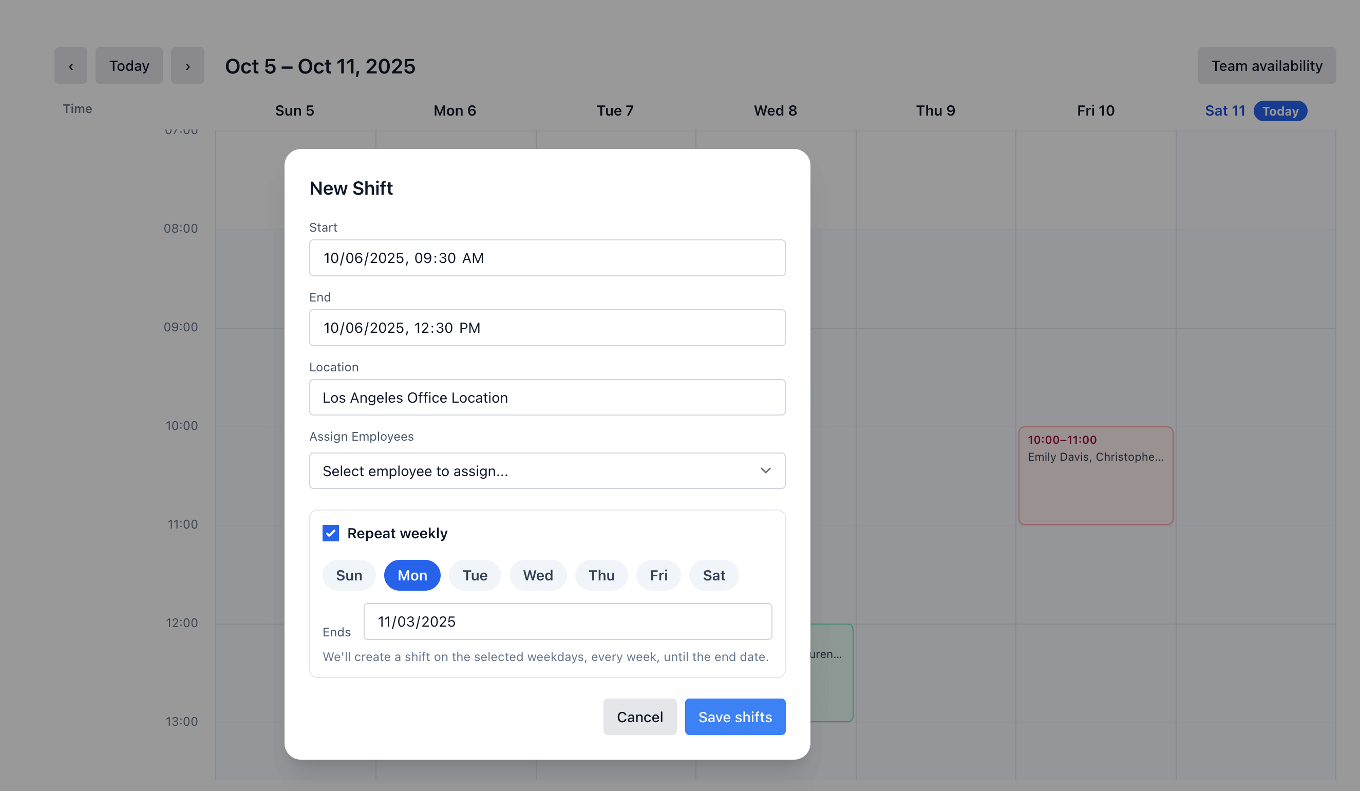 Create Shift modal with time and location